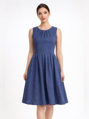 Ellen Tracy Blue Chambray Fit & Flare Dress Sleeveless A-Line Size 16 Career